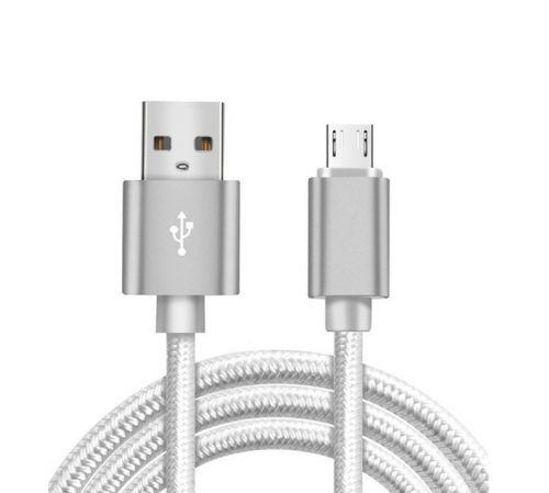 Adat- és Tápkábel, MicroUSB/USB csatlakozó, 1 méter, 2.1A gyorstöltés, textil bevonat, szürke