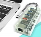 5-portos USB Hub Elosztó/Töltő, BYL-1719C (USB-C -> 3xUSB3.0, 1xQC2.0 töltő, 1xEthernet), átlátszó