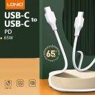 LDNIO adat és töltő kábel, USB-C/USB-C csatlakozó, 65W gyors töltés, 1 méter, fehér