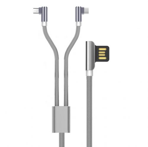 Prémium adat és töltő kábel, 2 az 1-ben, USB-ről MicroUSB/USB-C csatlakozó, Android készülékekhez, 1 méter, szürke