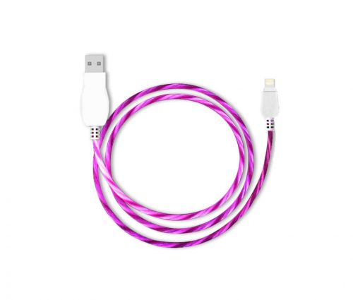 Prémium adat- és töltőkábel, Lightning/USB csatlakozóval, villogó fénnyel, 2A gyors töltés, 1 méter, pink