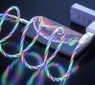 Prémium adat- és töltőkábel, Lightning/USB csatlakozóval, villogó fénnyel, 2A gyors töltés, 1 méter, pink