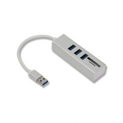   3in1 USB elosztó és kártya olvasó (USB3.0->3xUSB3.0,MicroSD/TF,SD), támogatja a MicroSD/TF és SD kártyákat, USB3.0, Ezüst