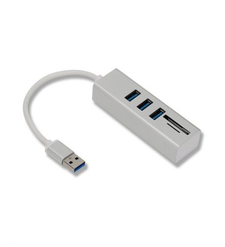 3in1 USB elosztó és kártya olvasó (USB3.0->3xUSB3.0,MicroSD/TF,SD), támogatja a MicroSD/TF és SD kártyákat, USB3.0, Ezüst