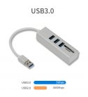 3in1 USB elosztó és kártya olvasó (USB3.0->3xUSB3.0,MicroSD/TF,SD), támogatja a MicroSD/TF és SD kártyákat, USB3.0, Ezüst