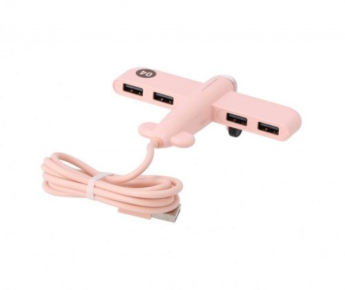 PL4 USB elosztó (USB2.0 -> 4xUSB2.0), repülőgép alakú, 4 portos USB2.0, rózsaszín