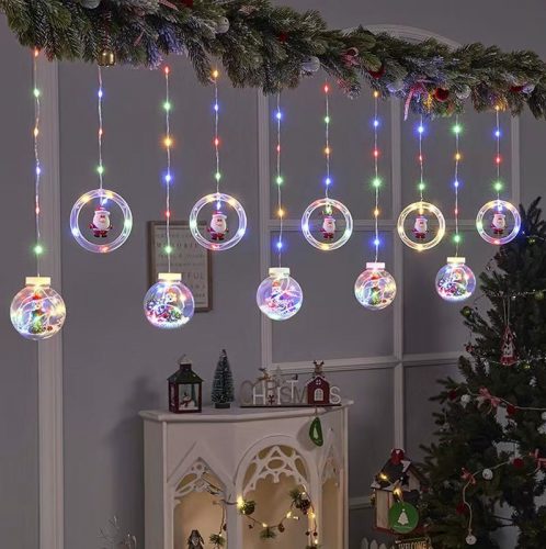 Összefűzhető Circle&Santa Claus/Mikulás LED Körben, 3m, LED fényfüzér, 8 világítási mód, 10db gömb, zöld-piros-kék-sárga ünnepi fények