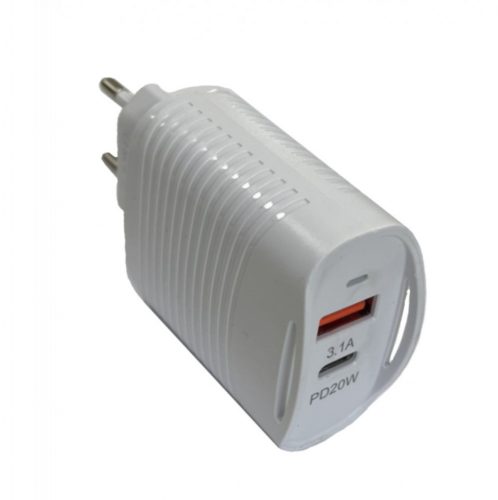 Univerzális hálózati töltő adapter KF-02, 2 port, 20W gyorstöltés, 1xUSB, 1xUSB-C, fehér