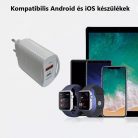 Univerzális hálózati töltő adapter KF-02, 2 port, 20W gyorstöltés, 1xUSB, 1xUSB-C, fehér