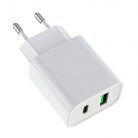 Univerzális hálózati töltő adapter KF-06, 2 port, 20W gyorstöltés, 1xUSB, 1xUSB-C, fehér