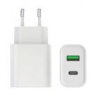 Univerzális hálózati töltő adapter KF-06, 2 port, 20W gyorstöltés, 1xUSB, 1xUSB-C, fehér