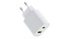 Univerzális hálózati töltő adapter KF-06, 2 port, 20W gyorstöltés, 1xUSB, 1xUSB-C, fehér