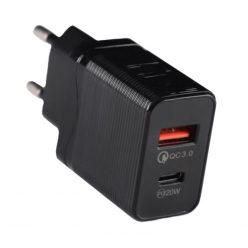   Univerzális hálózati töltő adapter LZ728, 2 port, 20W gyorstöltés, 1xUSB, 1xUSB-C, fekete