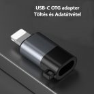 OTG átalakitó adapter, USB-C->Lightning, fülhallgatóval és mikrofonnal alkamazható, ezüst-fekete