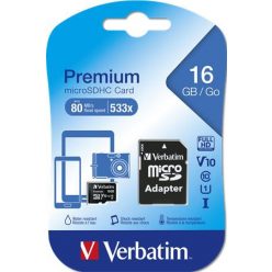   Memóriakártya, microSDHC, 16GB, CL10/U1, 45/10 MB/s, adapter, VERBATIM "Premium"