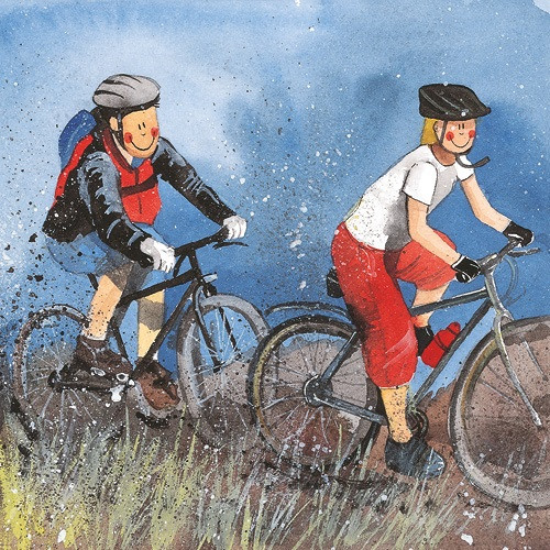 Képeslap Alex Clark borítékkal, 14x14 cm, Biciklis túrázók